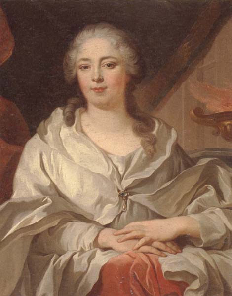 Portrait of a lady,half-langth seated,wearing an ivory dress and mantle with a pearl brooch,by a draped curtain and a flaming urn